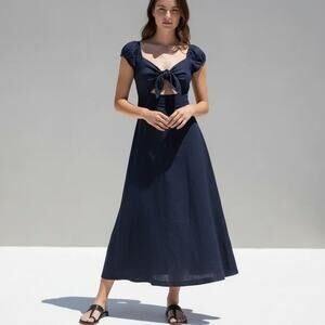 Skylar + Madison Navy Linen Maxi Dress Puff Sleeves Cutout M NWT